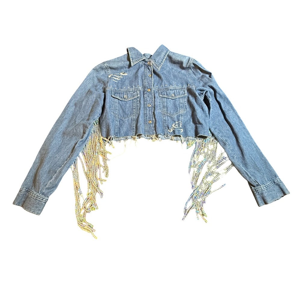 Route 66 Womens Sequin Fringe Cropped Denim Jacket Blue Distressed Western S VTG